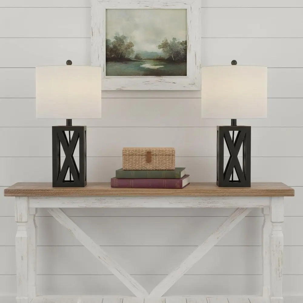 Set of Two 22" Black Table Lamps LED With Drum Shades HomeRoots