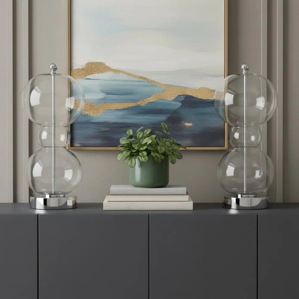 Set of Two 22" Silver Gourd Table Lamps LED With Drum Shades HomeRoots