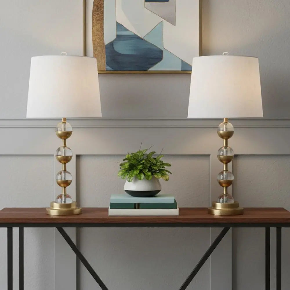 Set of Two 28" Gold Novelty Table Lamps LED With Drum Shades HomeRoots