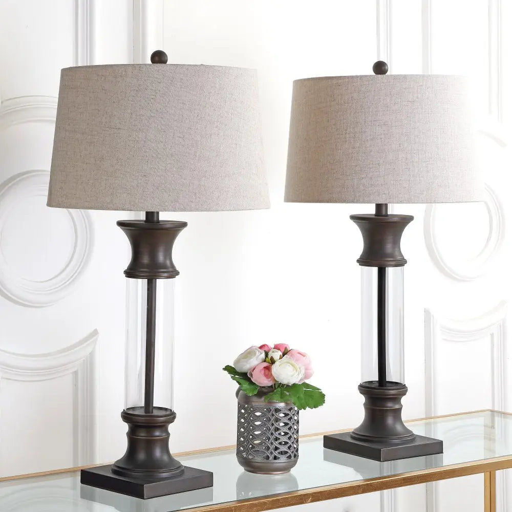 Set of Two 32" Bronze Novelty Table Lamps LED With Drum Shades HomeRoots