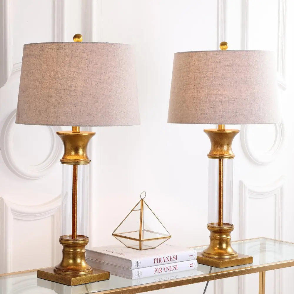 Set of Two 32" Gold Novelty Table Lamps LED With Drum Shades HomeRoots