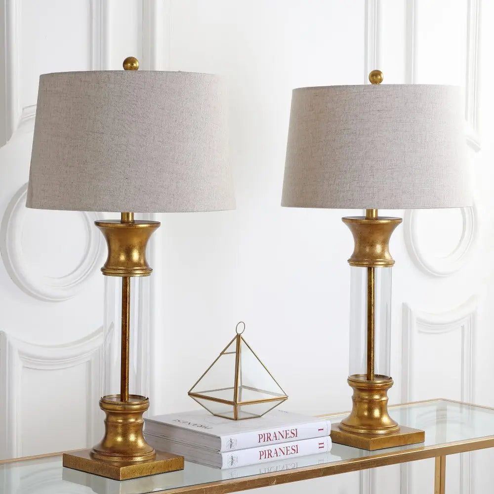 Set of Two 32" Gold Novelty Table Lamps LED With Drum Shades HomeRoots