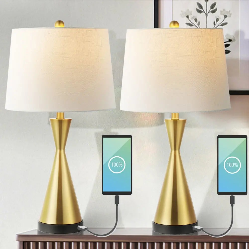 Set of Two 26" Black Novelty Table Lamps LED With Empire Shades HomeRoots