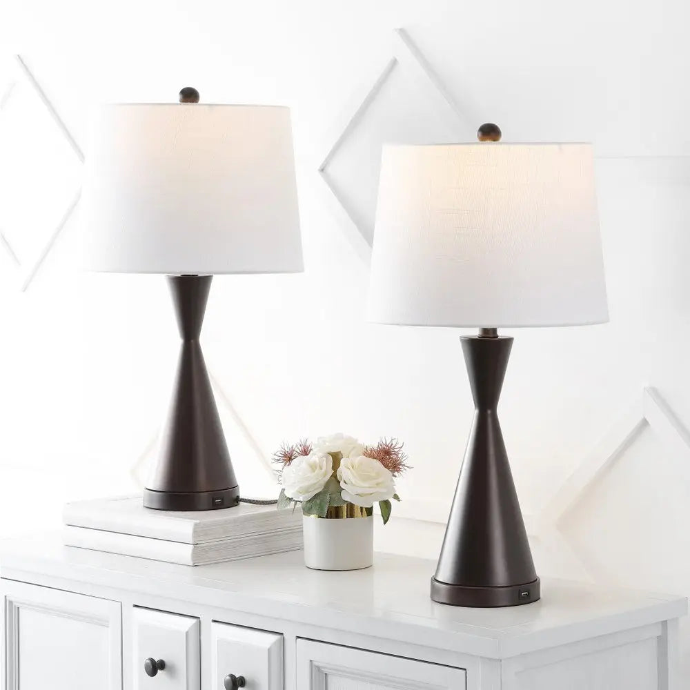 Set of Two 26" Antiqued Bronze Novelty Table Lamps LED With Empire Shades HomeRoots