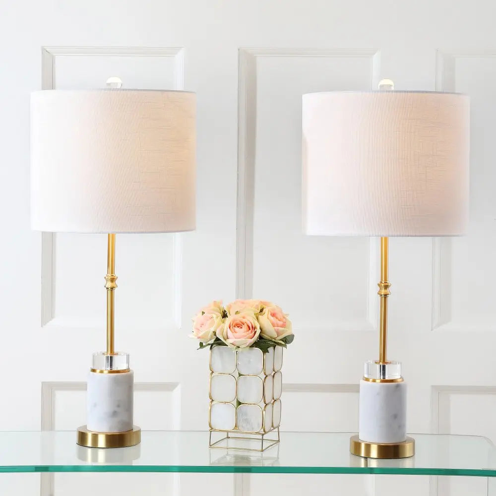 Set of Two 27" Gold Novelty Table Lamps LED With Drum Shades HomeRoots