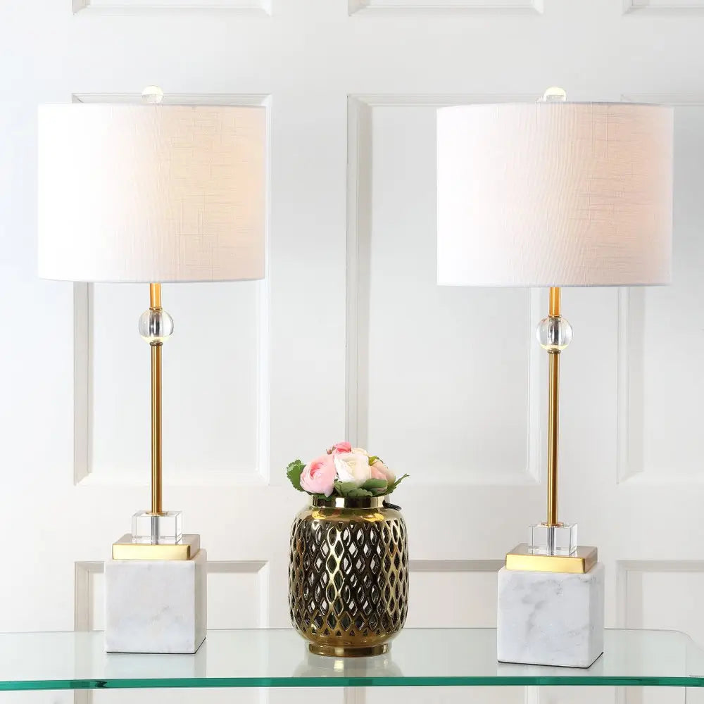 Set of Two 30" White Novelty Table Lamps LED With Drum Shades HomeRoots