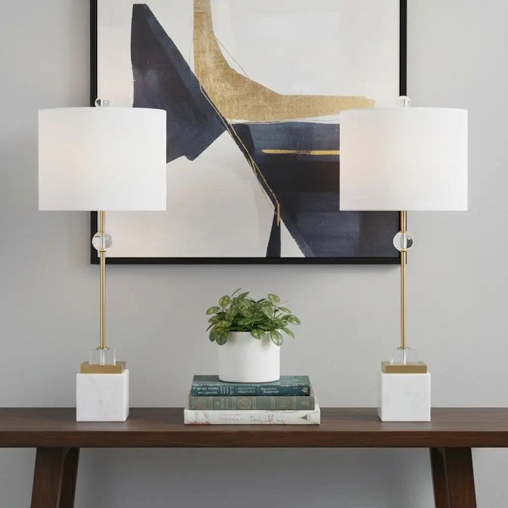 Set of Two 30" White Novelty Table Lamps LED With Drum Shades HomeRoots
