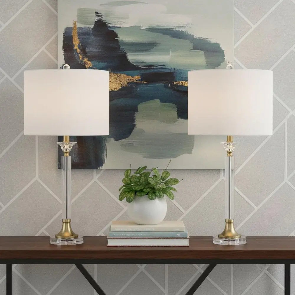 Set of Two 28" Clear Novelty Table Lamps LED With Drum Shades HomeRoots