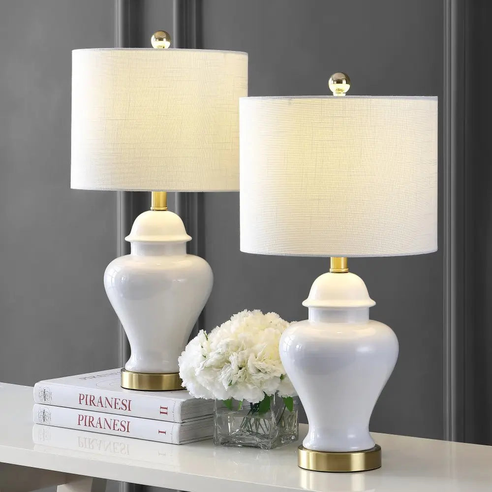 Set of Two 22" Gold Urn Table Lamps LED With Drum Shades HomeRoots