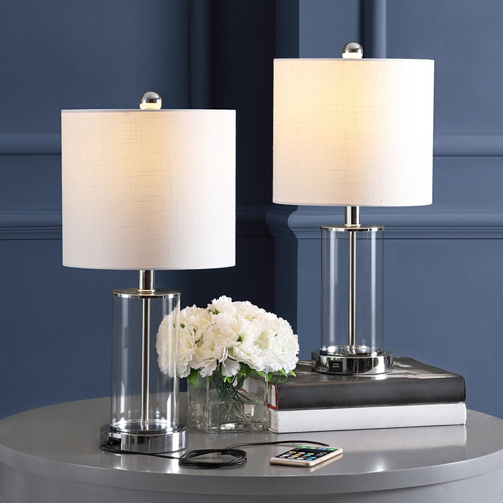 Set of Two 21" Silver USB Table Lamps LED With Drum Shades