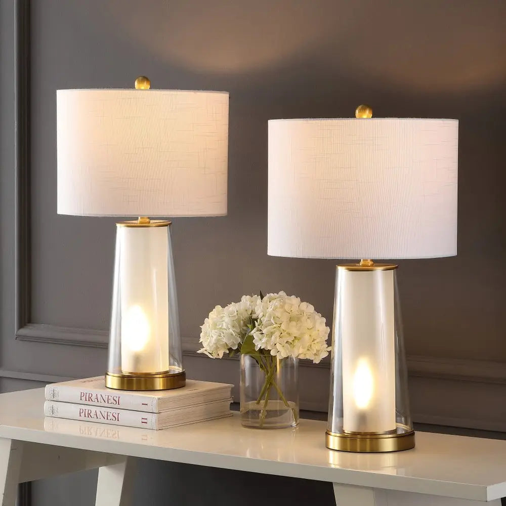 Set of Two 26" Gold Lighthouse Table Lamps LED With Drum Shades HomeRoots