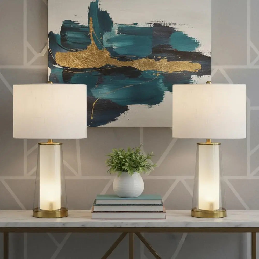 Set of Two 26" Gold Lighthouse Table Lamps LED With Drum Shades HomeRoots