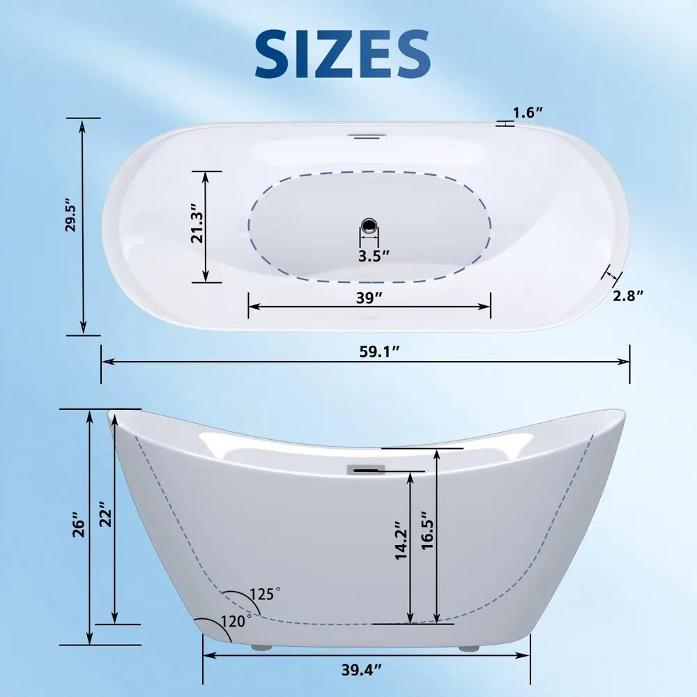59" White Acrylic Oval Bath Tub HomeRoots