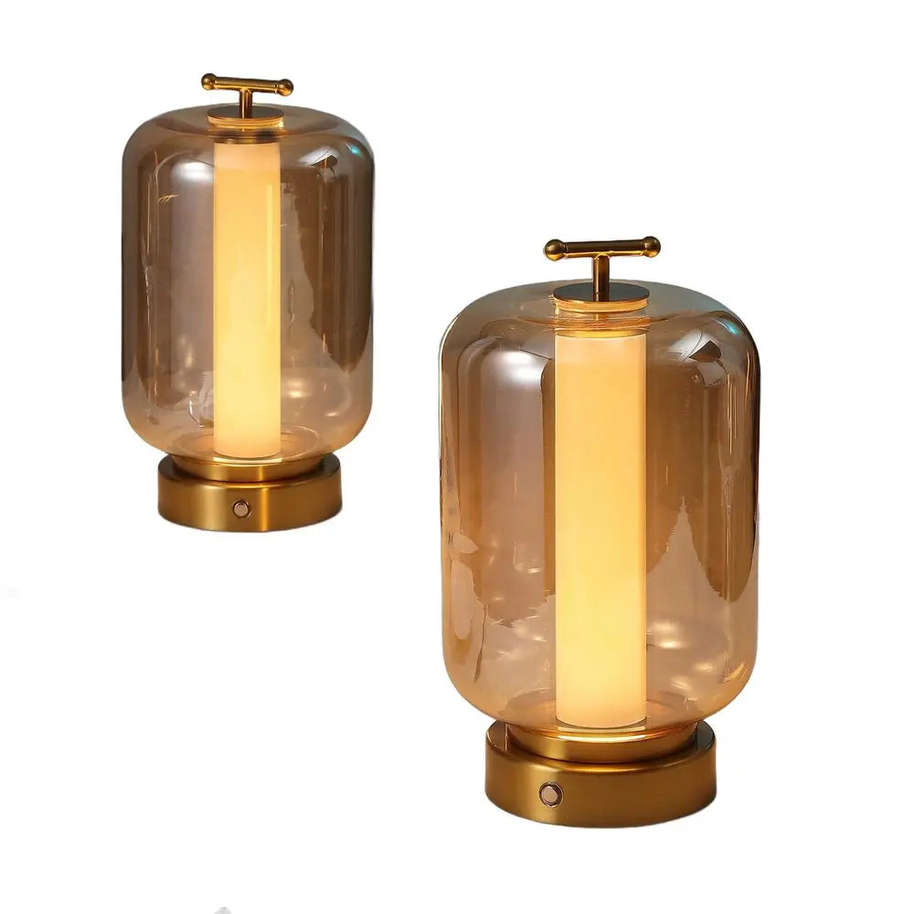 Set of Two 11" Gold Lantern USB Table Lamps LED HomeRoots