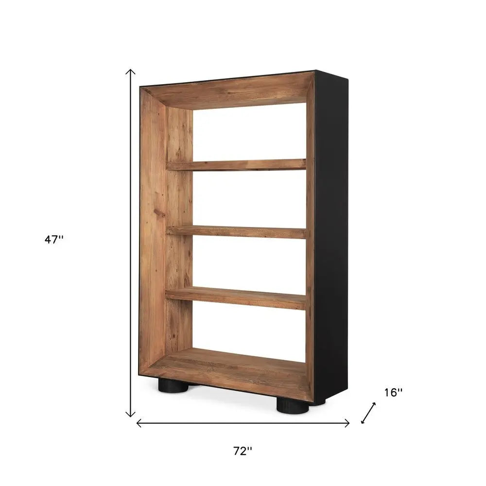 72" Black And Natural Distressed Solid Wood Three Tier Bookcase - NOBLE HOME INTERIORS