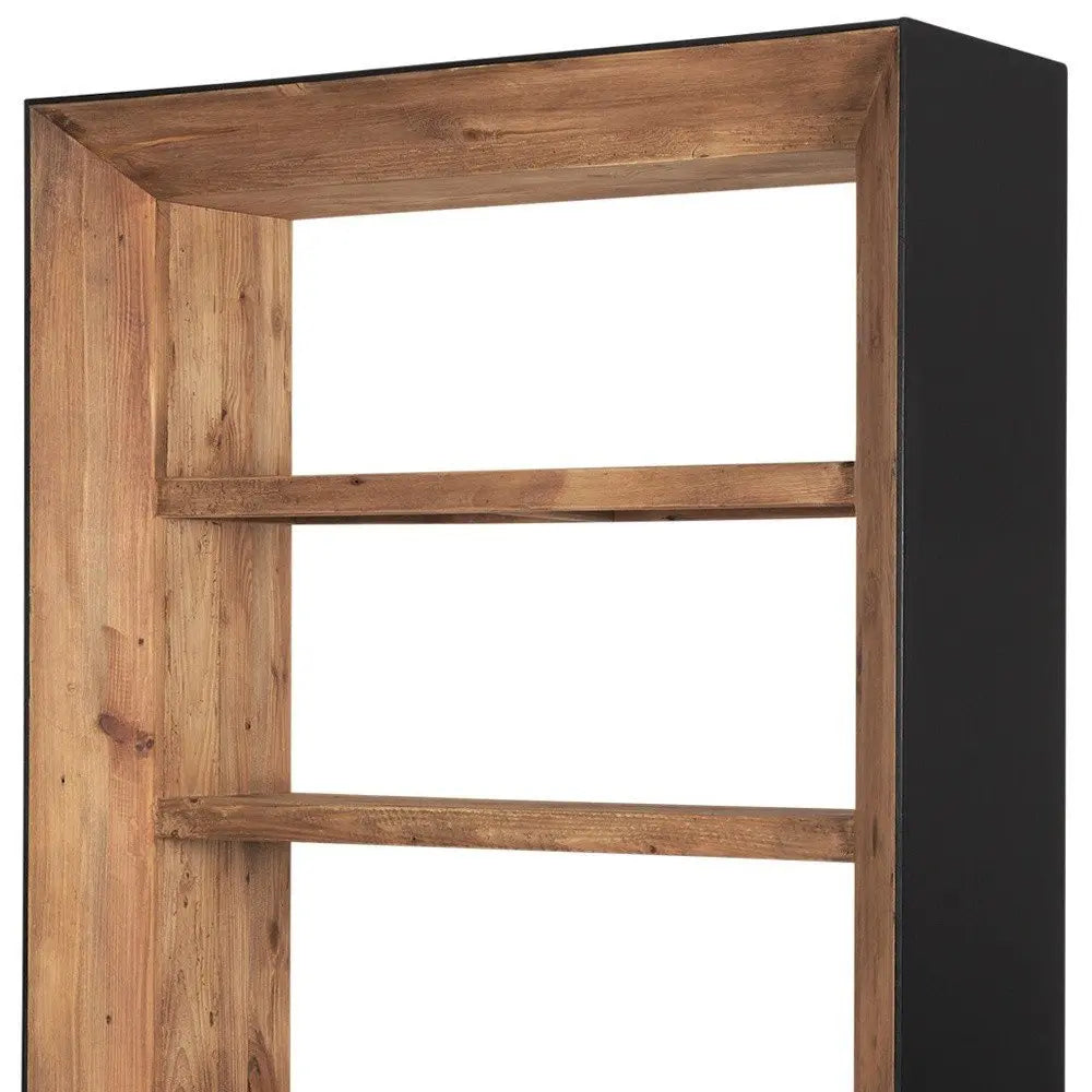 72" Black And Natural Distressed Solid Wood Three Tier Bookcase - NOBLE HOME INTERIORS