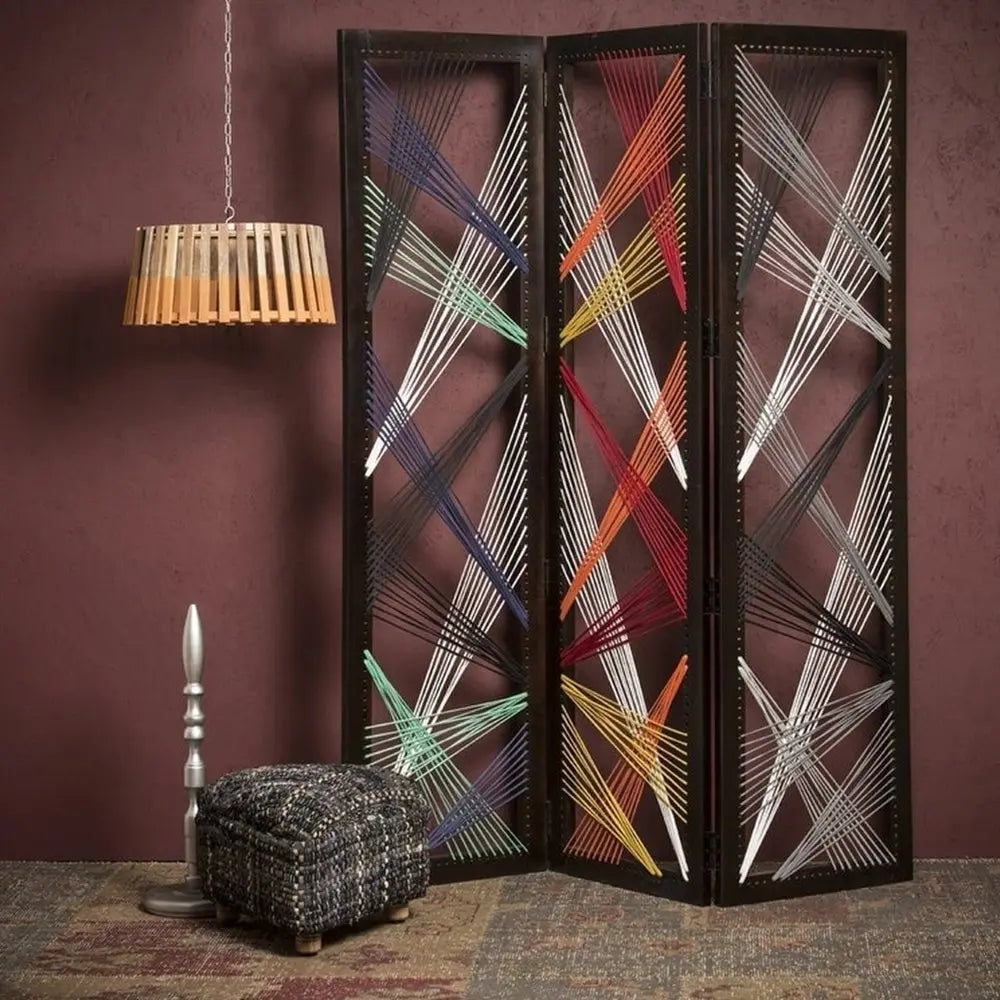 72" Black Fabric Folding Three Panel Screen Room Divider - NOBLE HOME INTERIORS