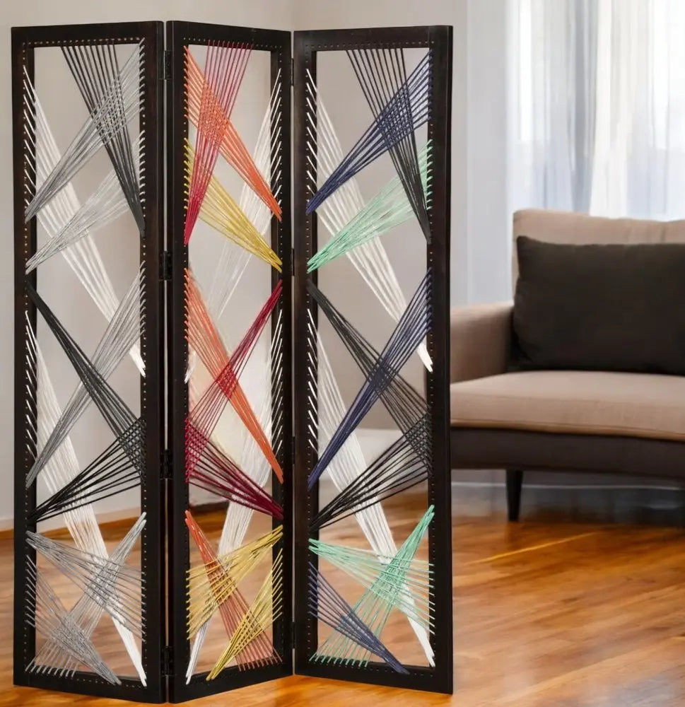 72" Black Fabric Folding Three Panel Screen Room Divider - NOBLE HOME INTERIORS