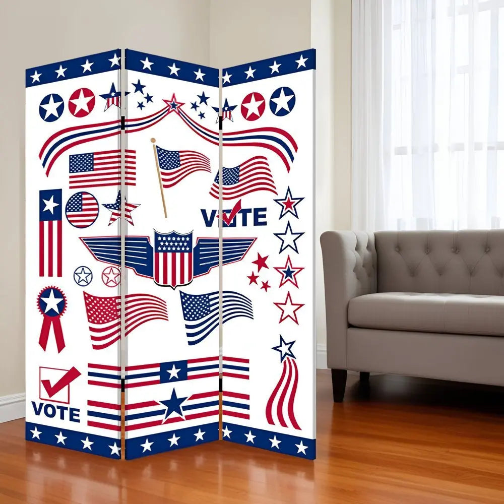 72" Blue and White Canvas Folding Three Panel Screen Room Divider - NOBLE HOME INTERIORS