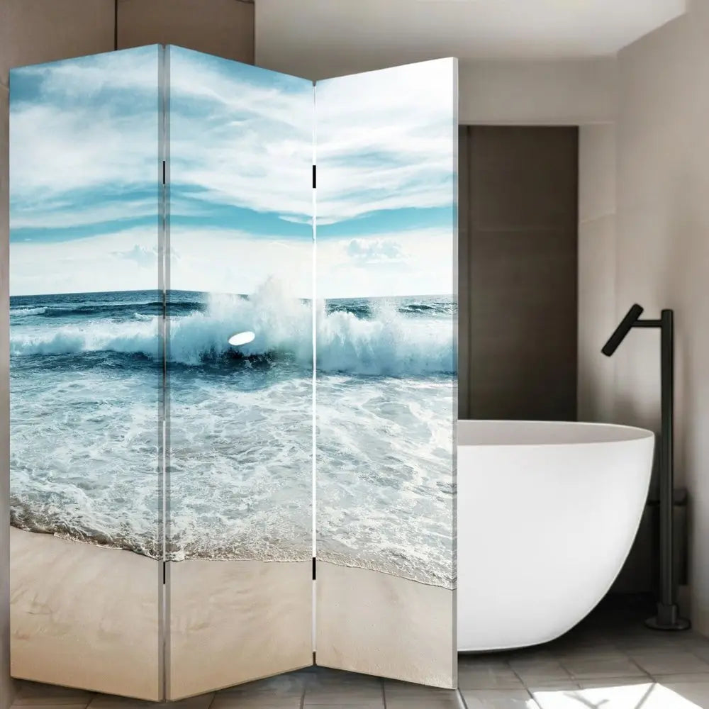 72" Blue and White Canvas Folding Three Panel Screen Room Divider - NOBLE HOME INTERIORS