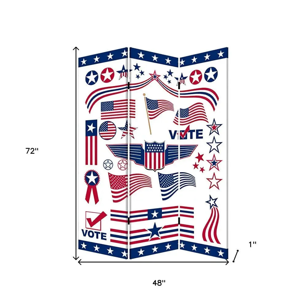 72" Blue and White Canvas Folding Three Panel Screen Room Divider - NOBLE HOME INTERIORS