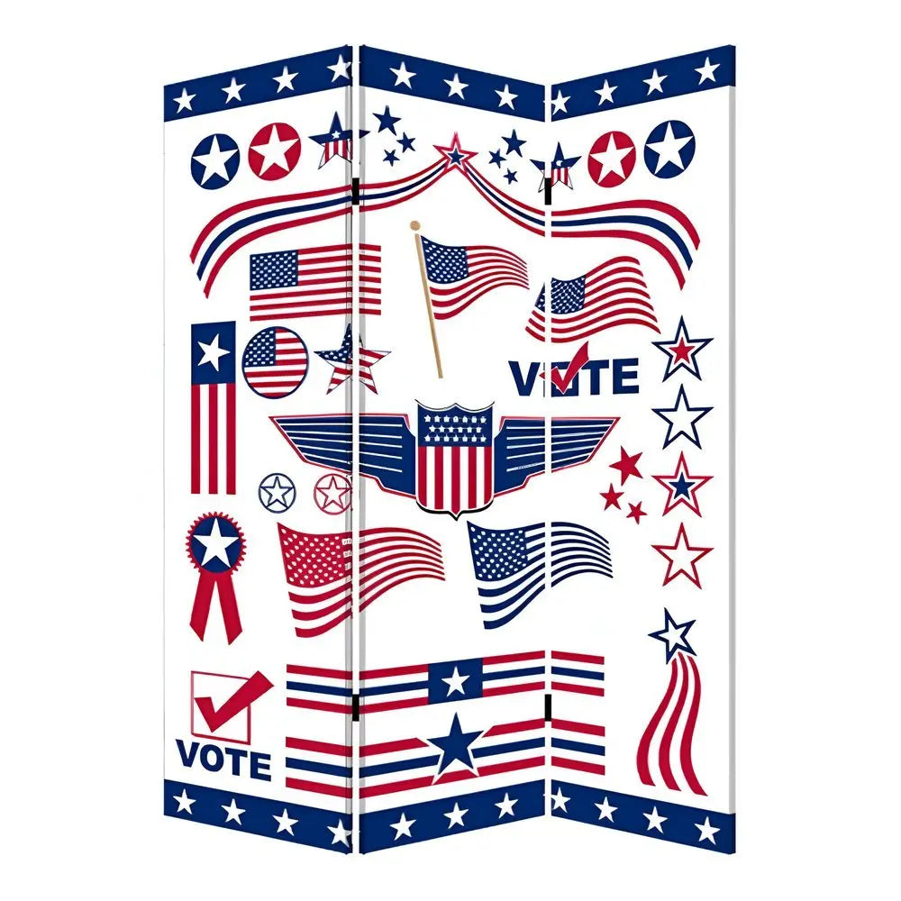 72" Blue and White Canvas Folding Three Panel Screen Room Divider - NOBLE HOME INTERIORS