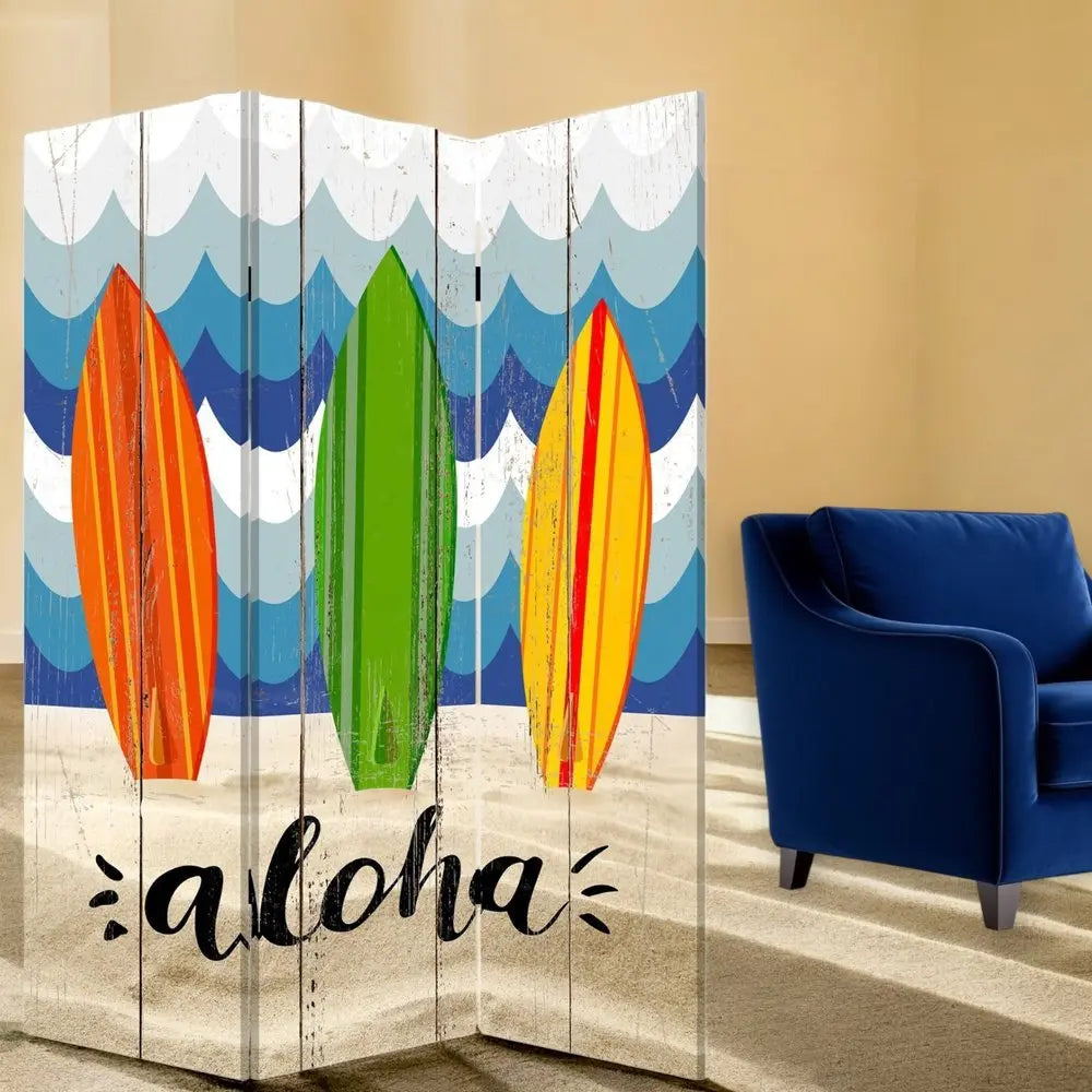 72" Blue and White Canvas Folding Three Panel Screen Room Divider - NOBLE HOME INTERIORS