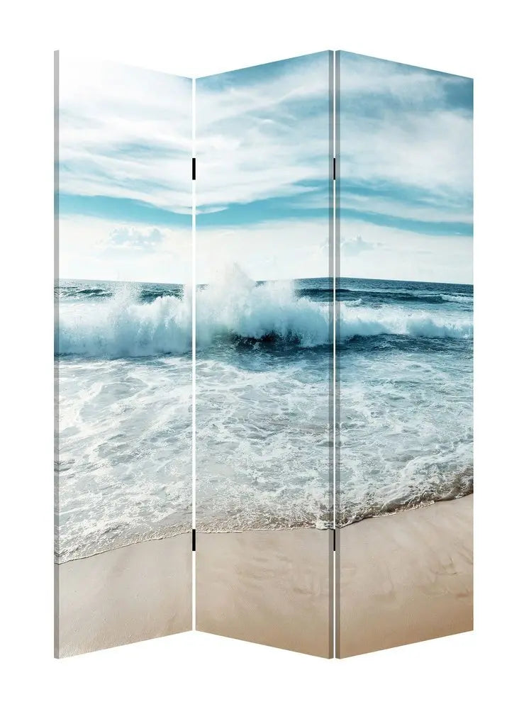 72" Blue and White Canvas Folding Three Panel Screen Room Divider - NOBLE HOME INTERIORS