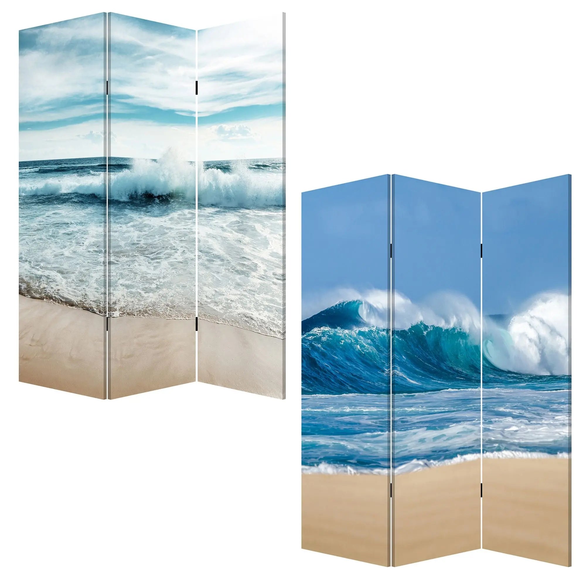 72" Blue and White Canvas Folding Three Panel Screen Room Divider - NOBLE HOME INTERIORS