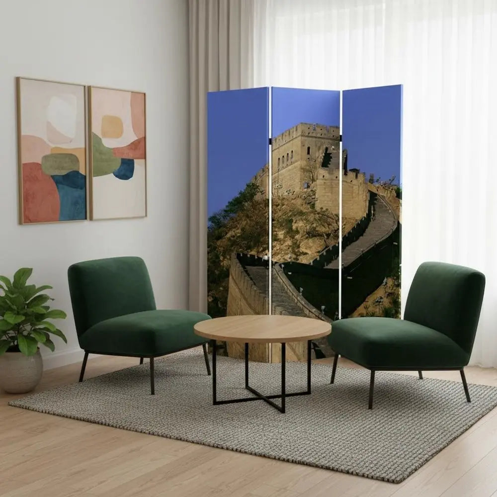 72" Blue Reversible China Cityscape Canvas Folding Three Panel Screen Room Divider - NOBLE HOME INTERIORS