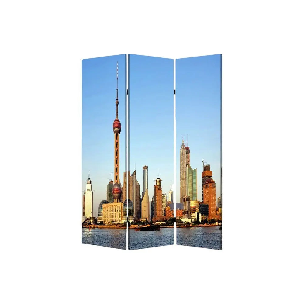 72" Blue Reversible China Cityscape Canvas Folding Three Panel Screen Room Divider - NOBLE HOME INTERIORS