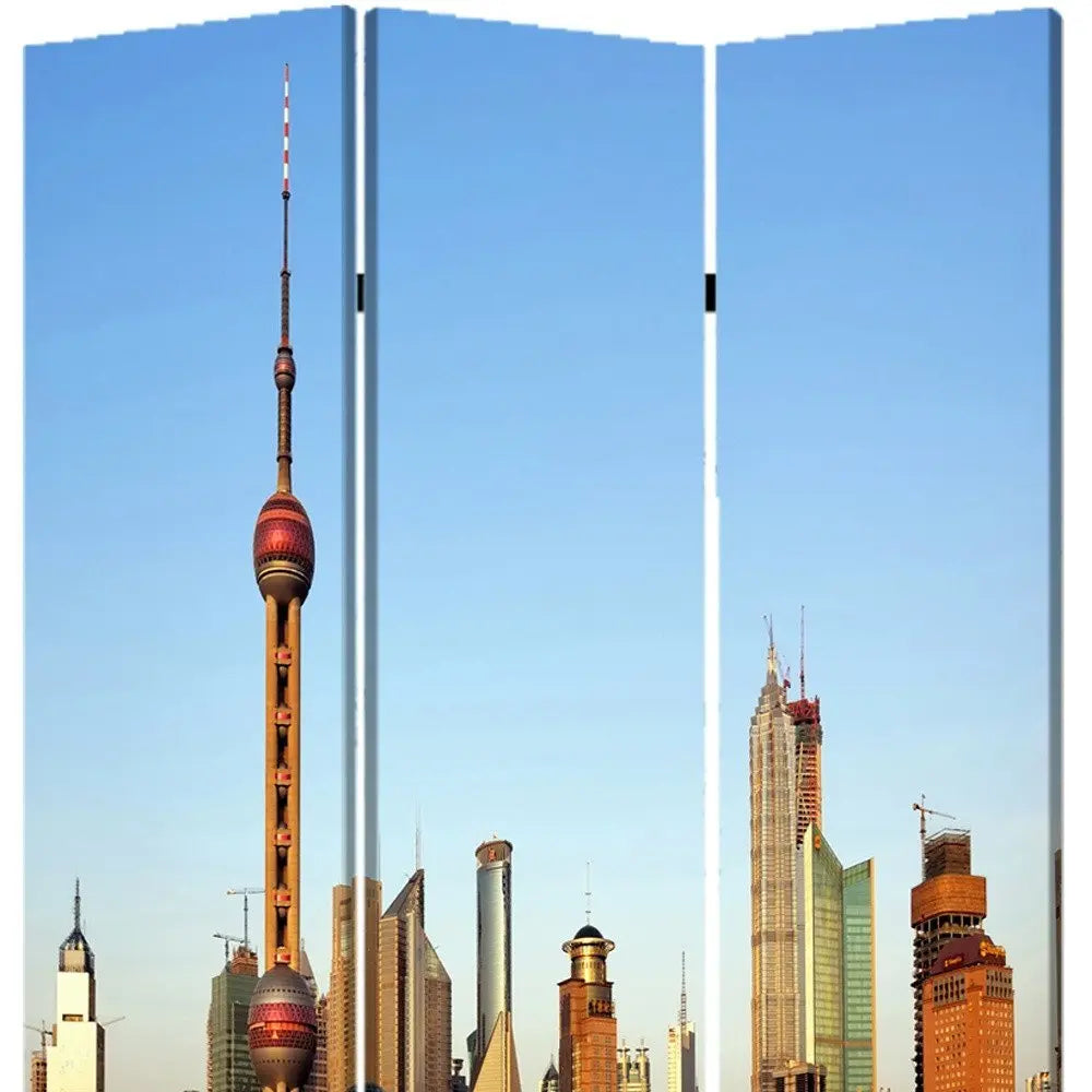 72" Blue Reversible China Cityscape Canvas Folding Three Panel Screen Room Divider - NOBLE HOME INTERIORS