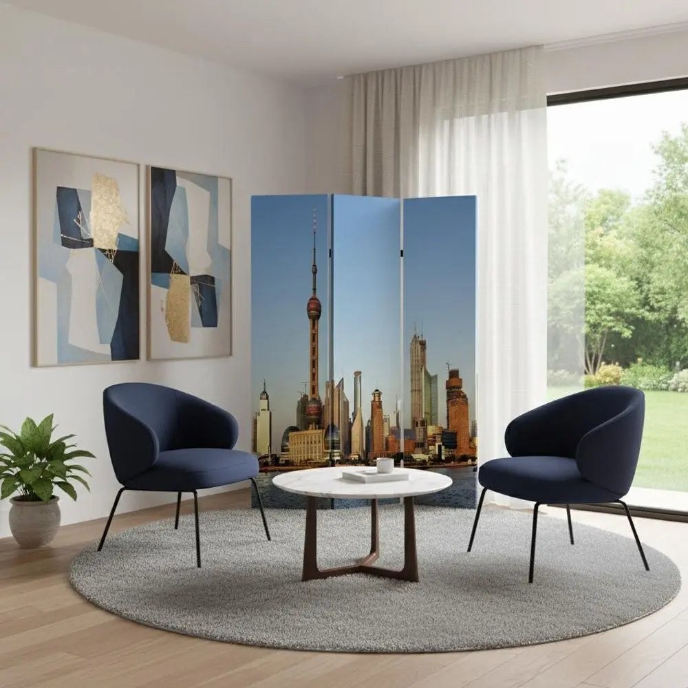 72" Blue Reversible China Cityscape Canvas Folding Three Panel Screen Room Divider - NOBLE HOME INTERIORS