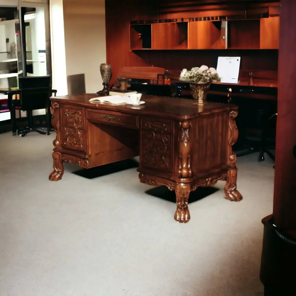 72" Brick Red Solid Manufactured Wood and Solid Wood Executive Desk With Five Drawers - NOBLE HOME INTERIORS