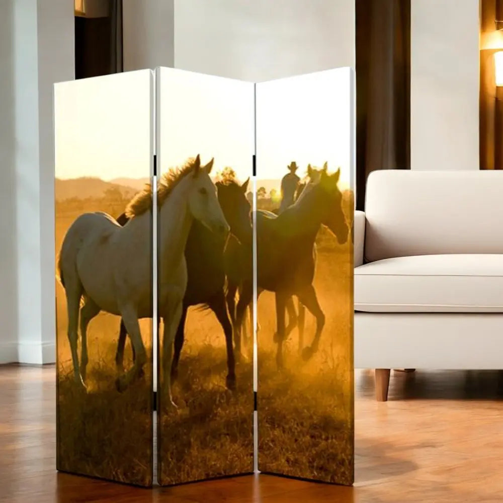 72" Brown and Black Canvas Folding Three Panel Screen Room Divider - NOBLE HOME INTERIORS