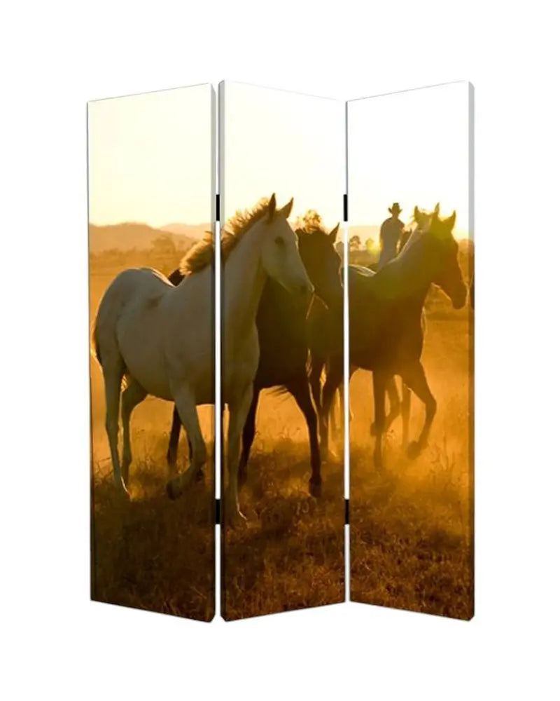 72" Brown and Black Canvas Folding Three Panel Screen Room Divider - NOBLE HOME INTERIORS