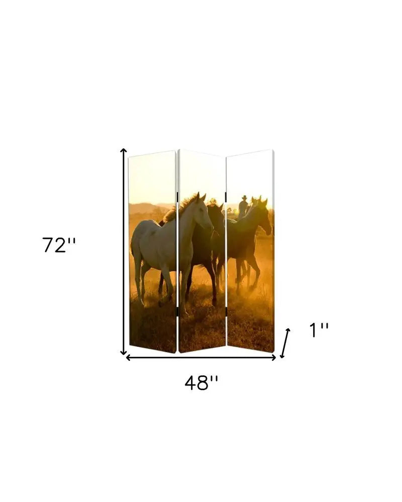 72" Brown and Black Canvas Folding Three Panel Screen Room Divider - NOBLE HOME INTERIORS