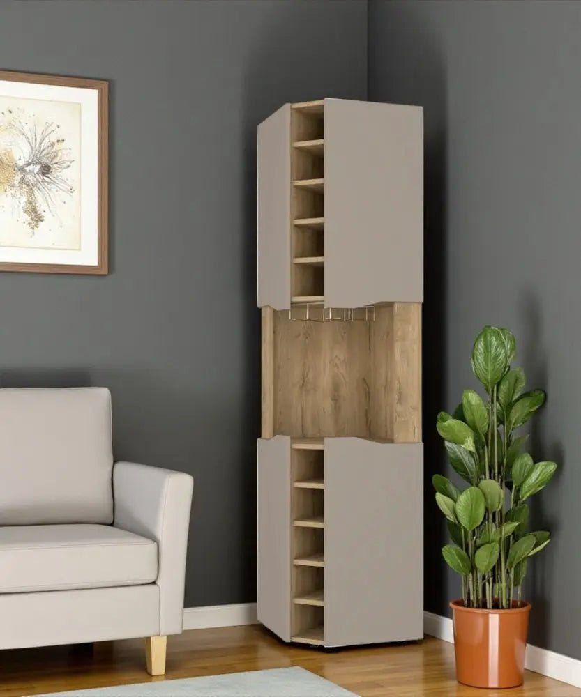 72" Brown and Taupe Wood Corner Bar Cabinet With Four Doors HomeRoots