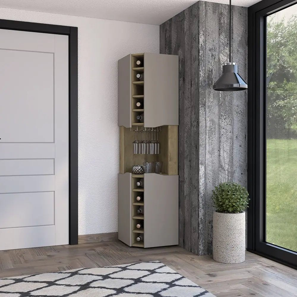 72" Brown and Taupe Wood Corner Bar Cabinet With Four Doors HomeRoots