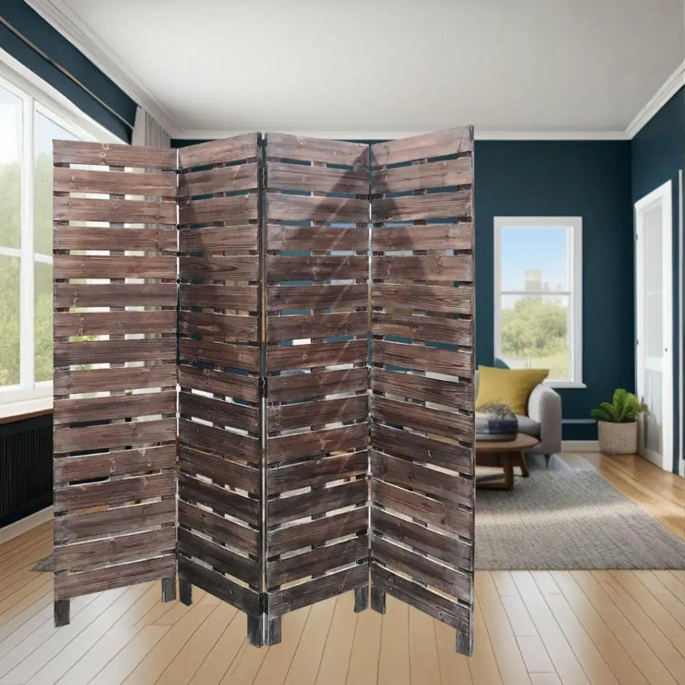 72" Brown Folding Four Panel Screen Room Divider - NOBLE HOME INTERIORS