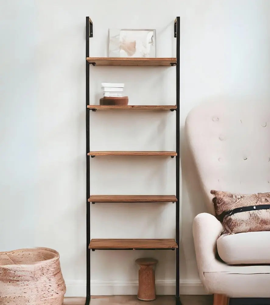 72" Brown Metal and Solid Wood Five Tier Ladder Bookcase - NOBLE HOME INTERIORS