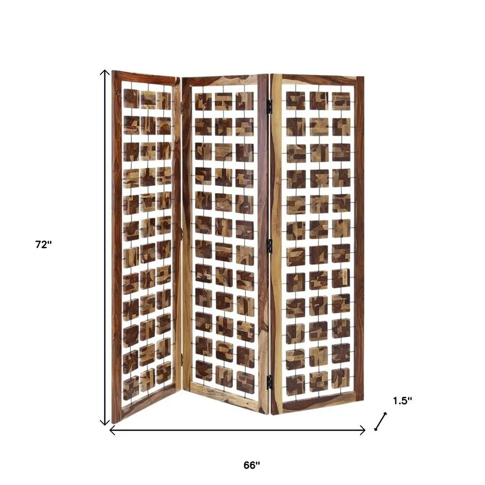 72" Brown Solid Wood Folding Three Panel Screen Room Divider - NOBLE HOME INTERIORS
