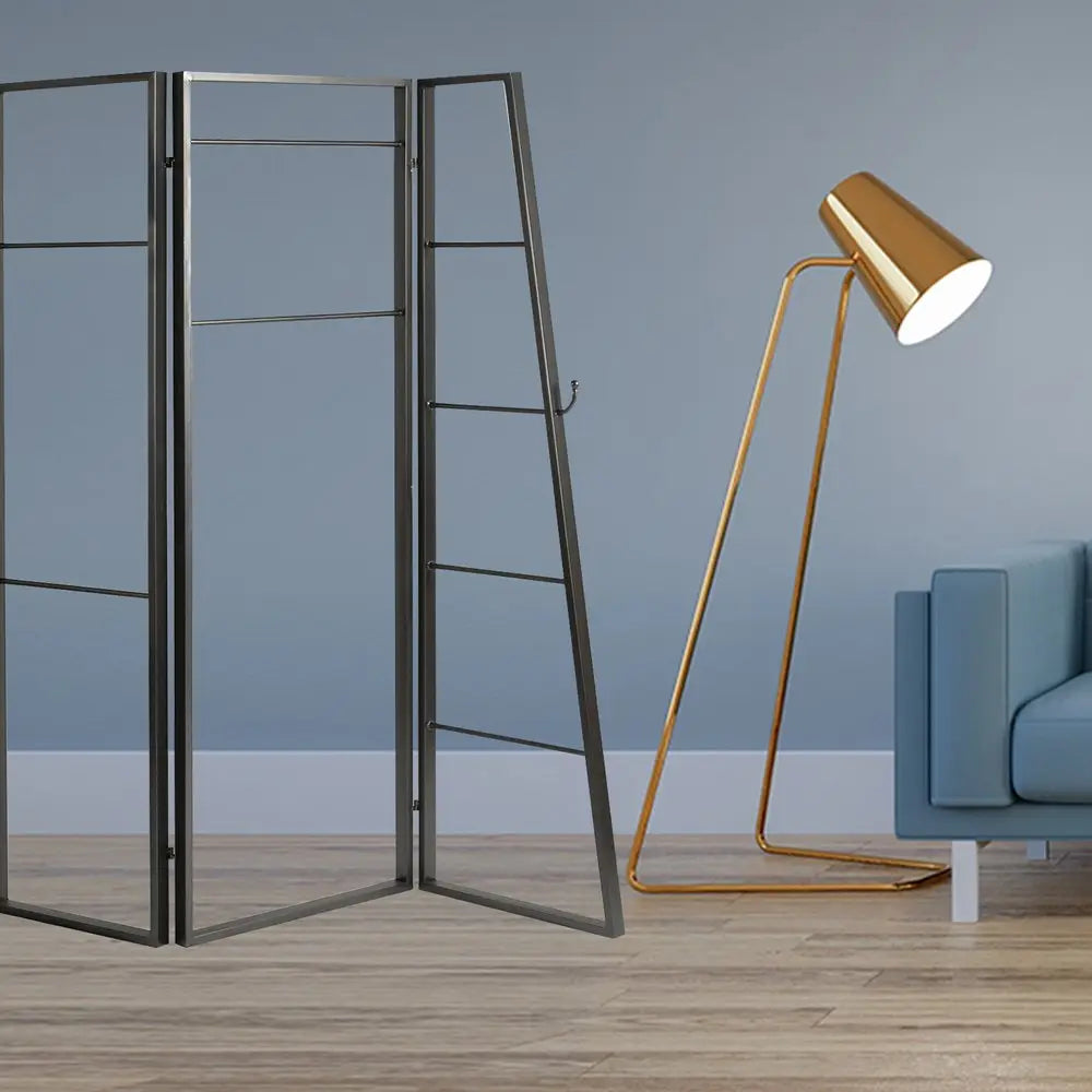 72" Gray Iron Folding Three Panel Screen Room Divider - NOBLE HOME INTERIORS