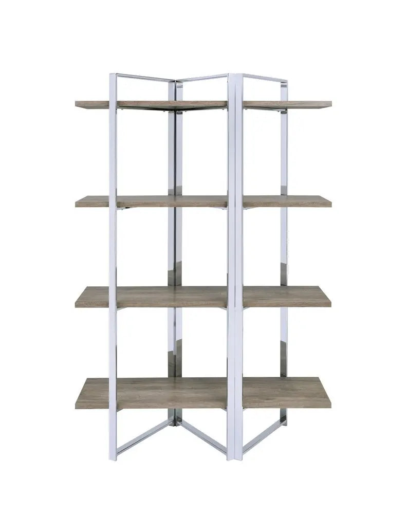 72" Natural And Silver Metal and Wood Four Tier Etagere Bookcase - NOBLE HOME INTERIORS