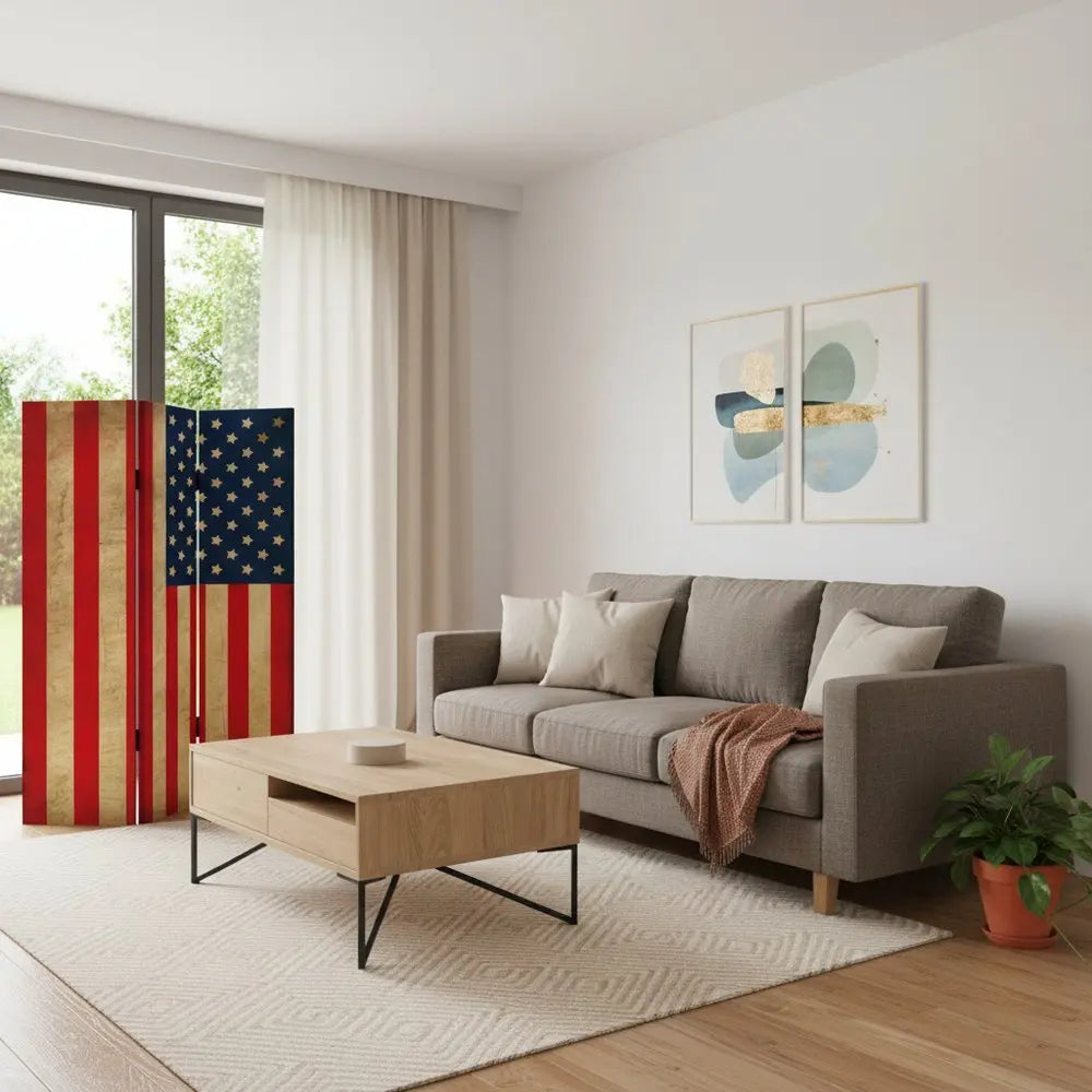 72" Red White And Blue American Flag Reversible Canvas Folding Three Panel Room Divider - NOBLE HOME INTERIORS