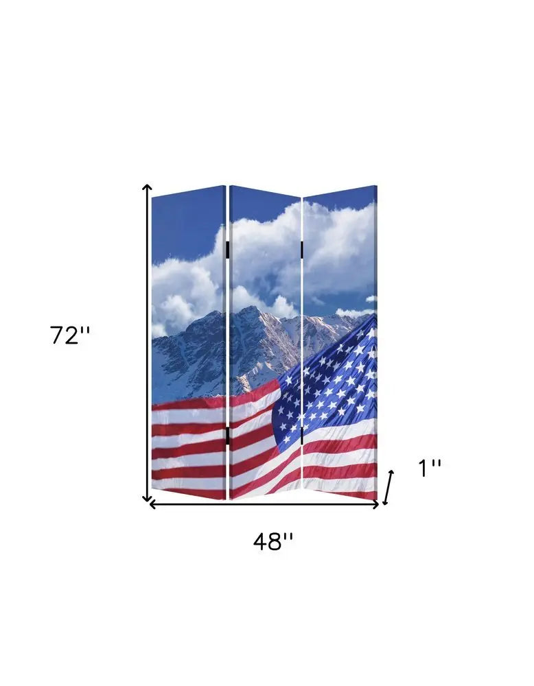 72" Red White And Blue American Flag Reversible Canvas Folding Three Panel Room Divider - NOBLE HOME INTERIORS