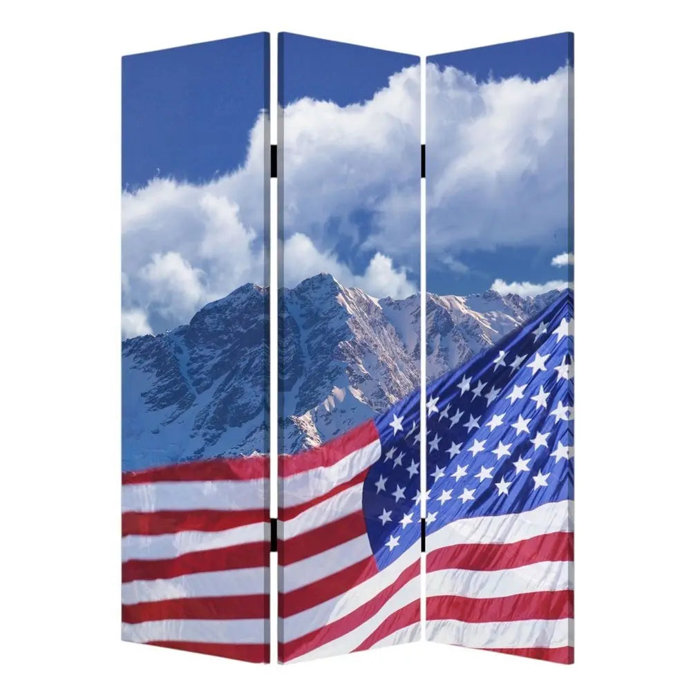 72" Red White And Blue American Flag Reversible Canvas Folding Three Panel Room Divider - NOBLE HOME INTERIORS