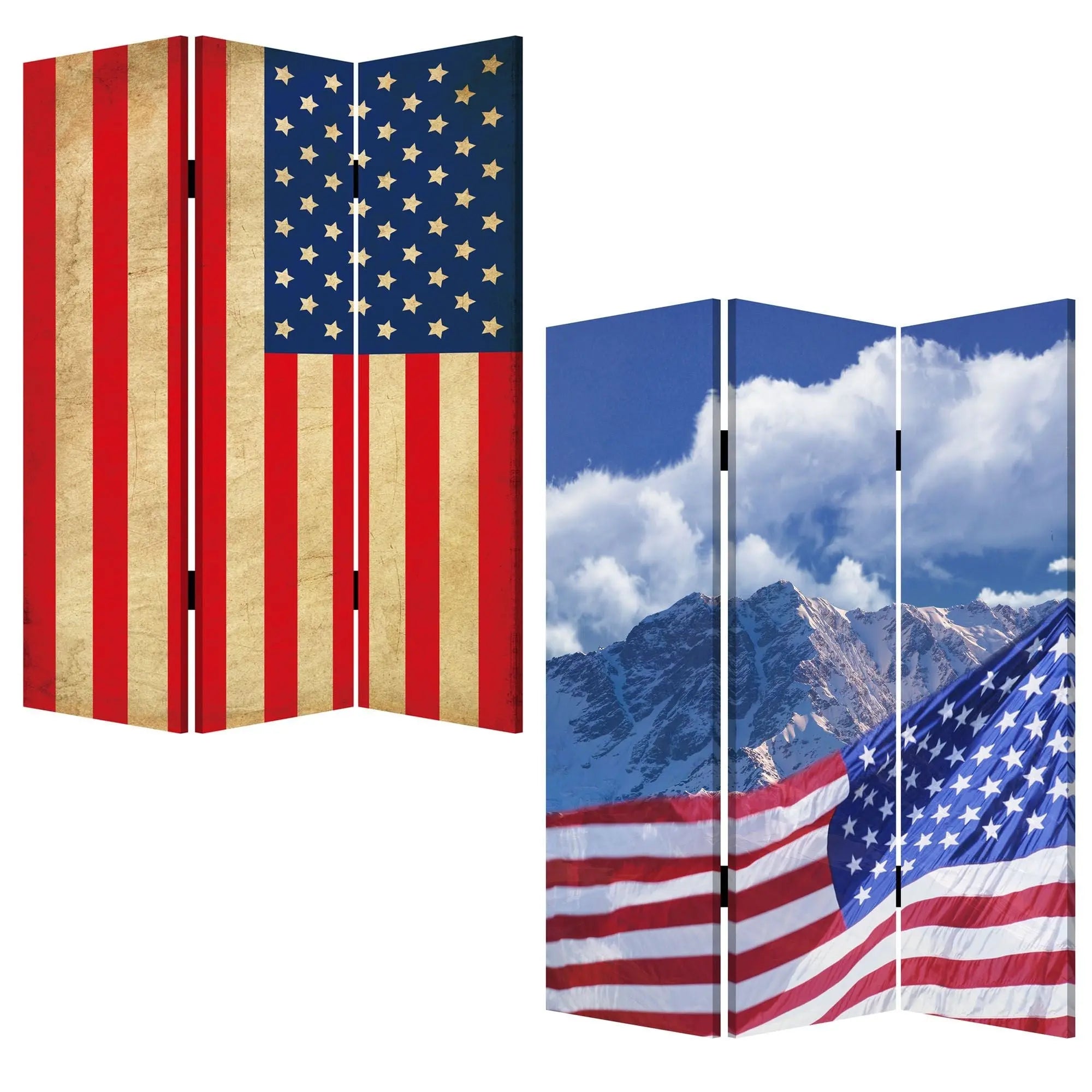 72" Red White And Blue American Flag Reversible Canvas Folding Three Panel Room Divider - NOBLE HOME INTERIORS