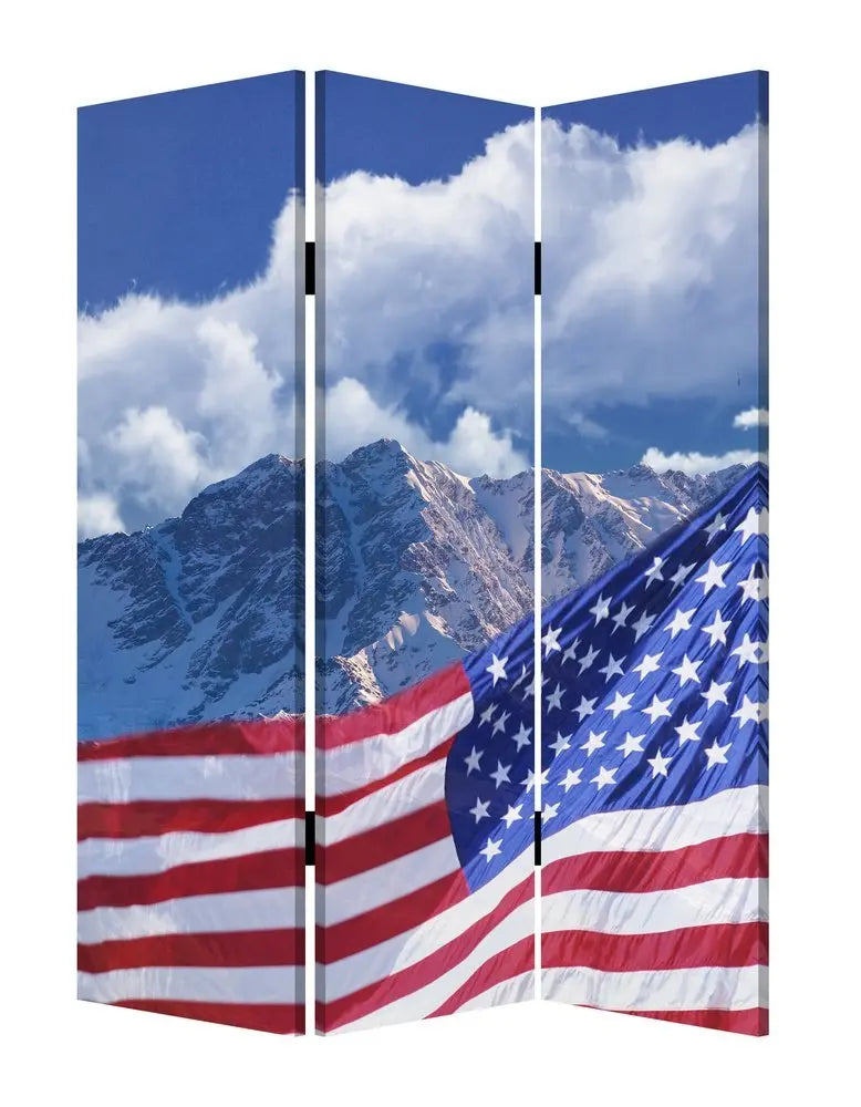 72" Red White And Blue American Flag Reversible Canvas Folding Three Panel Room Divider - NOBLE HOME INTERIORS