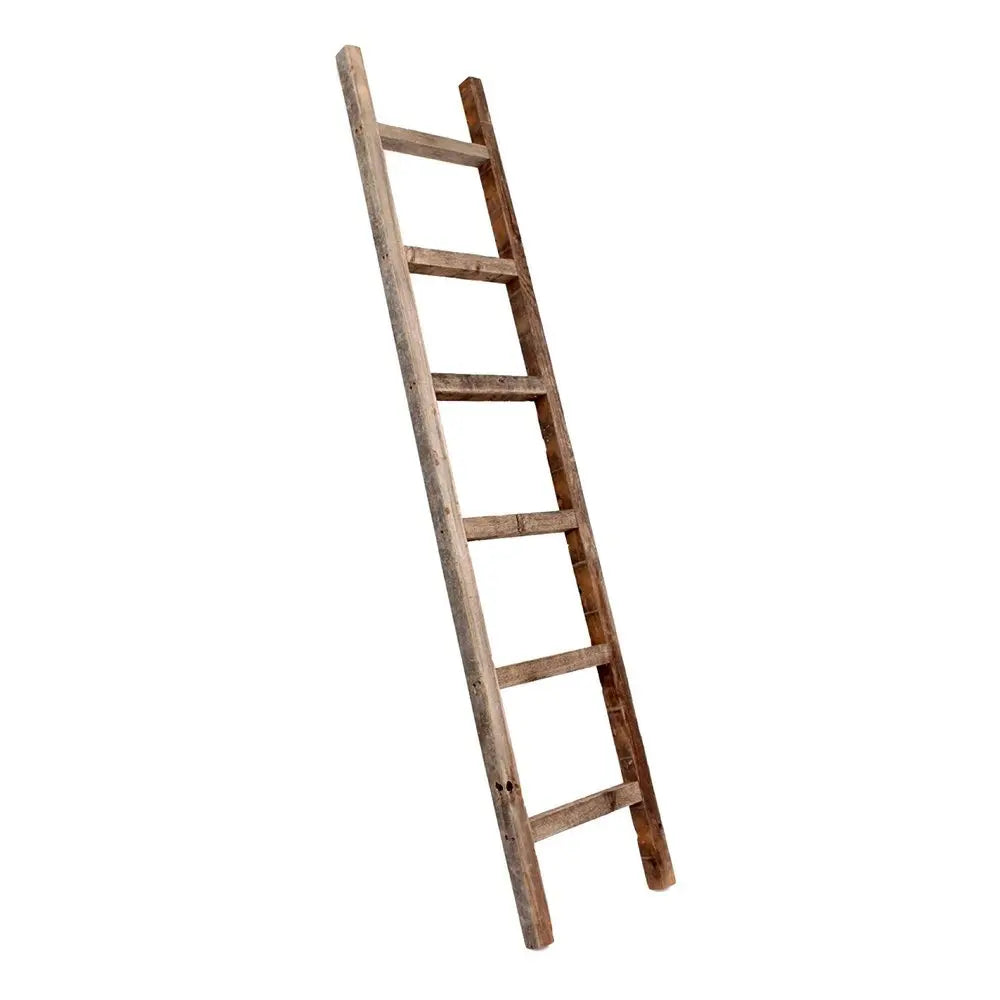 72" Six Step Rustic Weathered Grey Wood Ladder Shelf - NOBLE HOME INTERIORS